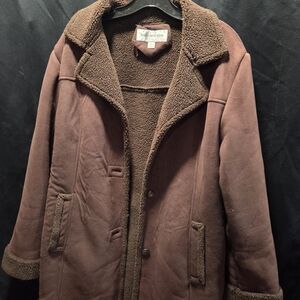 Jones New York Barn jacket Faux Suede Shearling Lined Coat Brown L Button Pocket